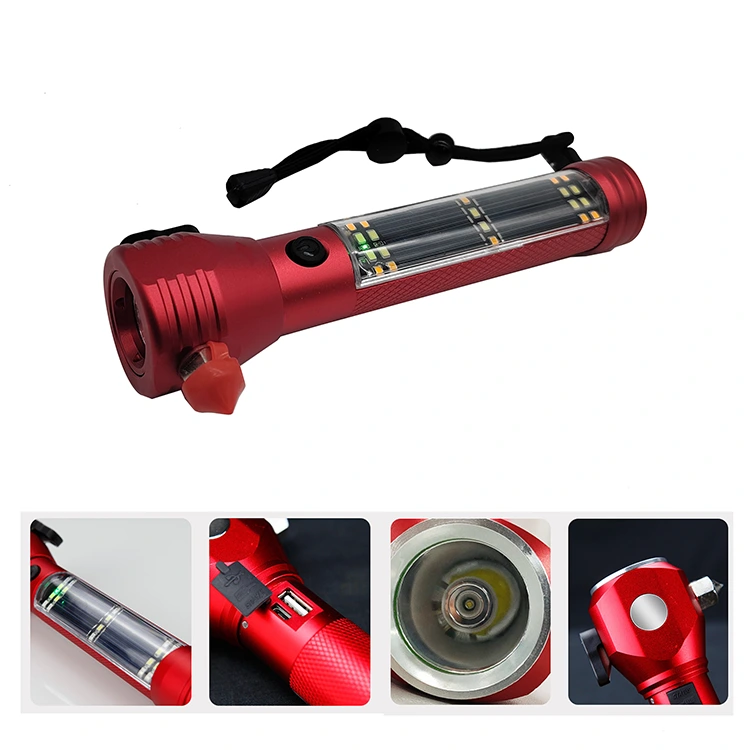 Solar Flashlight with Window Breaker and Seat Belt Cutter